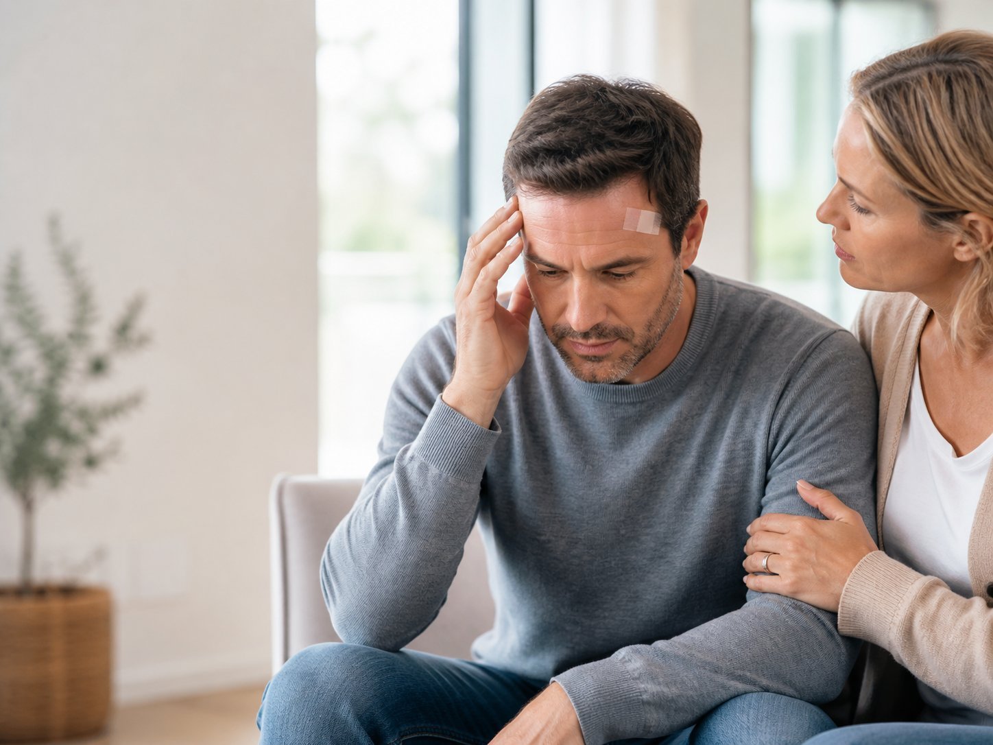 Hombre con síntomas post-conmoción cerebral con esposa preocupada