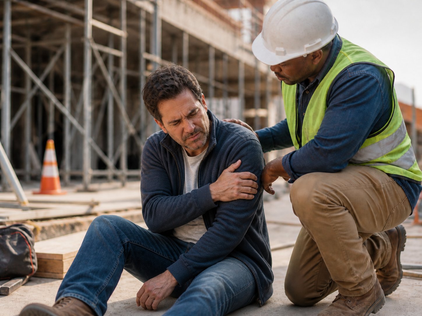 Persona lesionada cerca de un sitio de construcción recibiendo ayuda